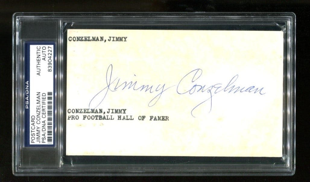 Jimmy Conzelman Autographed 3x5 Postcard PSA/DNA NFL Collectible: Jimmy Conzelman Autographed 3x5 Postcard PSA/DNA NFL Collectible This is a Jimmy Conzelman signed GPC postcard measuring 3x5 inches. The autograph has been authenticated by Professional Sports Authent