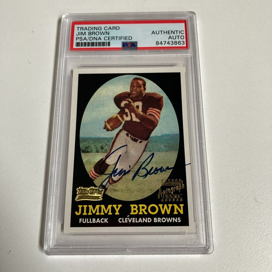 1958 Topps Jim Brown Autographed Card PSA Authenticated Team Topps Legends: 1958 Topps Jim Brown Autographed Card PSA Authenticated Team Topps Legends This collectible features a Jim Brown autographed card from the 1958 Topps football series, authenticated by Professional Spo