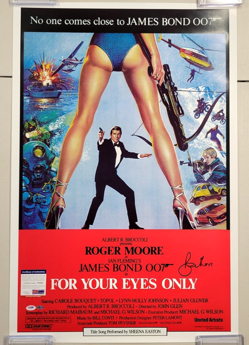 Signed Roger Moore 24x36 For Your Eyes Only PSA DNA Poster: Signed Roger Moore 24x36 For Your Eyes Only PSA DNA Poster This is an original 24x36 inch movie poster for "For Your Eyes Only," personally signed by Roger Moore. The autograph is authenticated by PSA