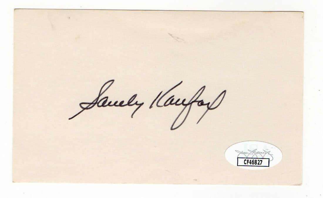 Sandy Koufax Autographed 3X5 Index Card Dodgers JSA Certified: Sandy Koufax Autographed 3X5 Index Card Dodgers JSA Certified This is an authentic 3X5 index card signed by the legendary Sandy Koufax, a Hall of Fame pitcher for the Los Angeles Dodgers. The autograp