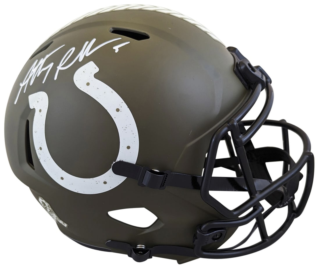 Anthony Richardson signed Colts Salute To Service Riddell speed replica helmet: Anthony Richardson signed Colts Salute To Service Riddell speed replica helmet This Riddell full-size Speed Replica helmet features the Salute to Service alternate design and has been personally signe