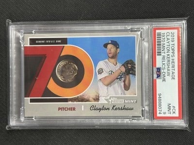 PSA 9 Clayton Kershaw 2019 Topps Heritage 1970 Dime Mint Relic CK 3/10 (1 of 3)