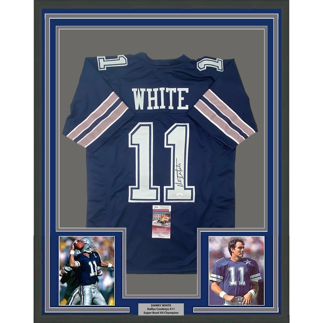 Framed Signed Danny White Dallas Cowboys Jersey with JSA COA: Framed Signed Danny White Dallas Cowboys Jersey with JSA COA This professionally framed and matted display features an autographed Danny White jersey, showcasing your support for the Dallas Cowboys in