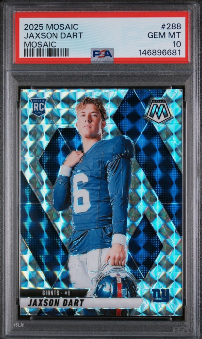 PSA 10 Gem Mint Jaxson Dart 2025 Mosaic Rookie Card #288: PSA 10 Gem Mint Jaxson Dart 2025 Mosaic Rookie Card #288 This is a 2025 Panini Mosaic Jaxson Dart #288 Mosaic Rookie RC card, professionally graded and encapsulated by PSA (Professional Sports Authent