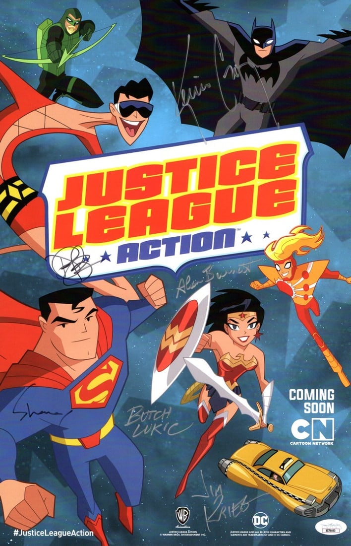 Justice League Action 11X17 Autographed Poster by Conroy Bader Burnett Krieg King JSA: Justice League Action 11X17 Autographed Poster by Conroy Bader Burnett Krieg King JSA Celebrate your love for the Justice League with this stunning autographed 11X17 poster featuring the cast of Justi