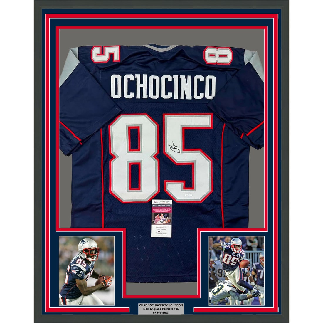 Chad Ochocinco Signed Blue Patriots Jersey Framed JSA COA 35x39: Chad Ochocinco Signed Blue Patriots Jersey Framed JSA COA 35x39 This professionally framed and matted display features a blue jersey autographed by Chad Ochocinco (Johnson) of the New England Patriots