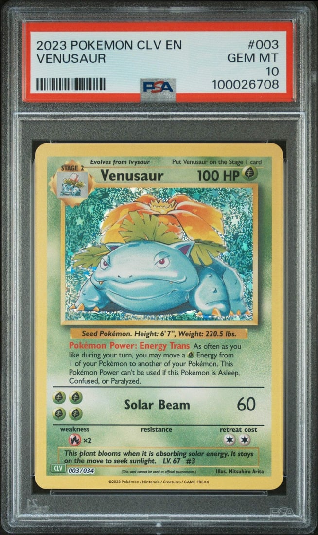 PSA 10 Venusaur 2023 PKM CLV EN Ex Deck #003 Trading Card: PSA 10 Venusaur 2023 PKM CLV EN Ex Deck #003 Trading Card This is an original 2023 PKM CLV EN Venusaur & Lugia Ex Deck #003 Venusaur trading card that has been professionally graded and encapsulated b