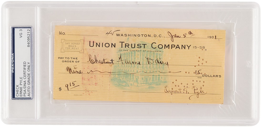 Ernie Pyle signed 1931 United States check PSA DNA: Ernie Pyle signed 1931 United States check PSA DNA This is an original check dated January 5, 1931, signed by renowned World War II journalist Ernie Pyle. The check was filled out in another hand and 