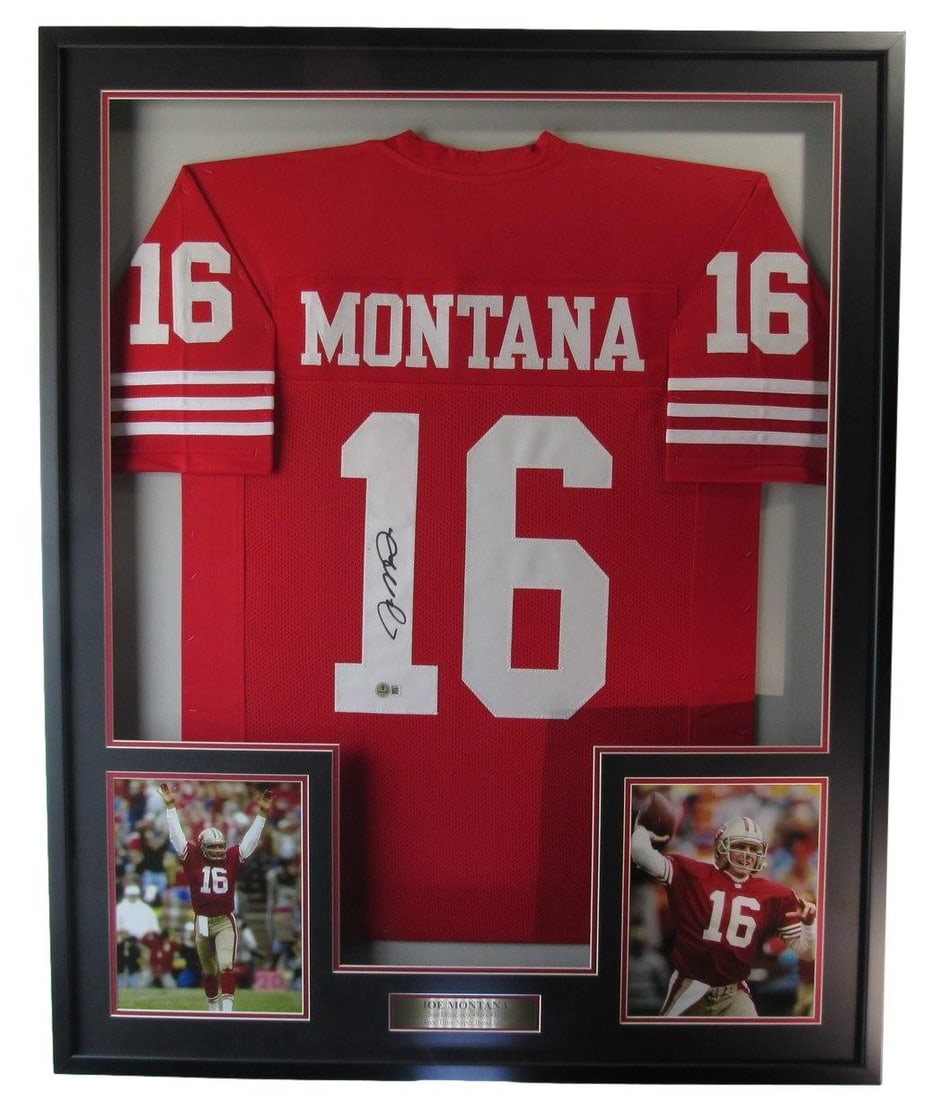 Framed Joe Montana Signed 49ers Jersey With Beckett Authentication: Framed Joe Montana Signed 49ers Jersey With Beckett Authentication This framed San Francisco 49ers jersey features the authentic autograph of Hall of Famer Joe Montana. The presentation includes accom