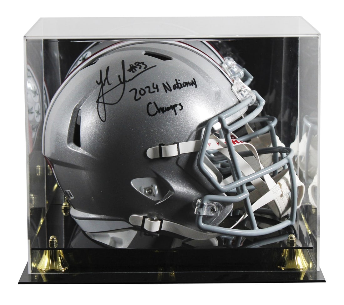 Jack Sawyer Signed OSU Helmet 2024 National Champs Beckett Authenticated: Jack Sawyer Signed OSU Helmet 2024 National Champs Beckett Authenticated This Riddell Full Size Speed Rep Helmet, personally signed by Jack Sawyer of the Ohio State Buckeyes, features the inscription 