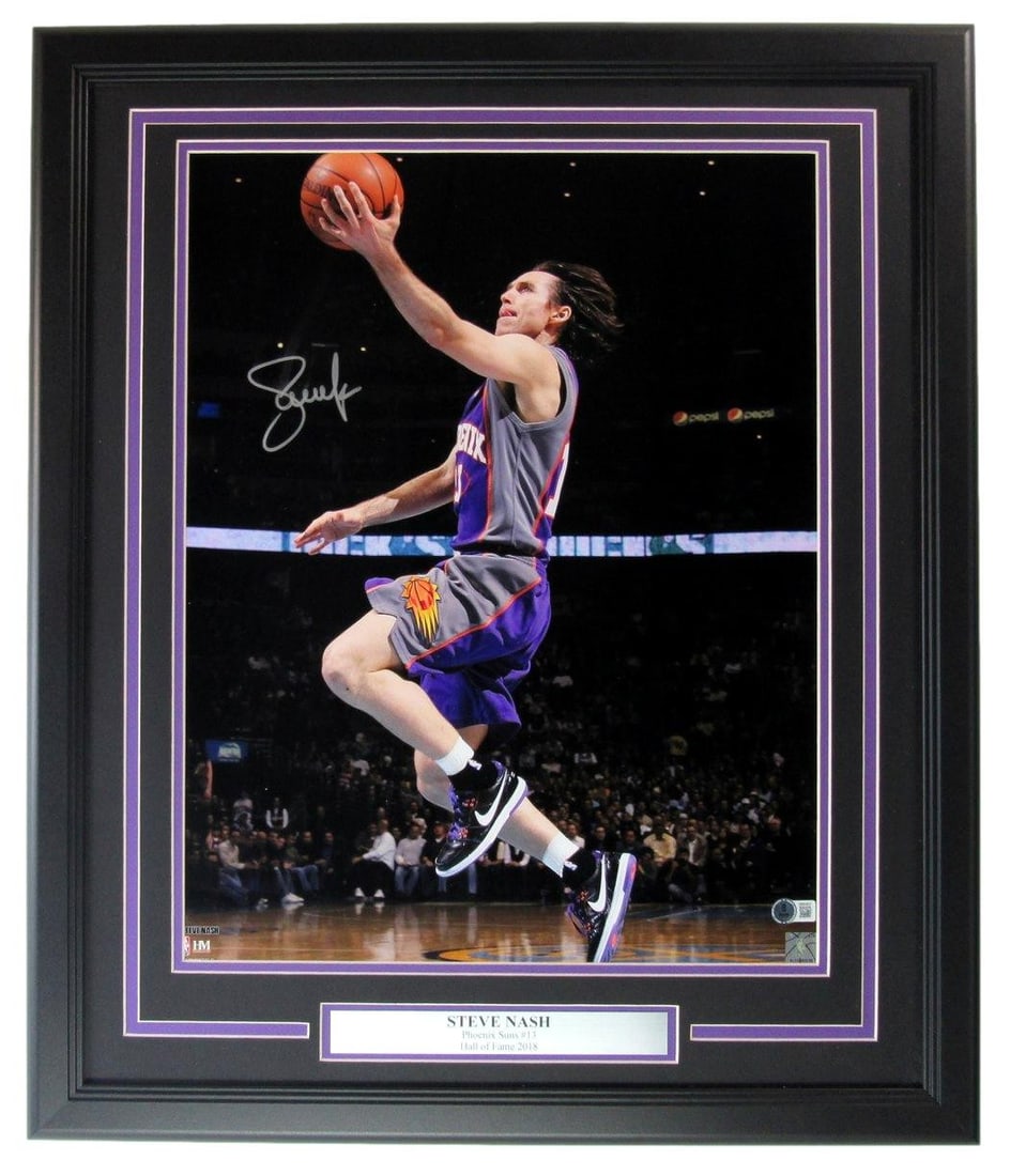Framed 16X20 Steve Nash Autographed Photo Phoenix Suns Beckett Authenticated: Framed 16X20 Steve Nash Autographed Photo Phoenix Suns Beckett Authenticated This professionally framed 16x20 photograph features the autograph of Hall of Fame basketball player Steve Nash, commemorat