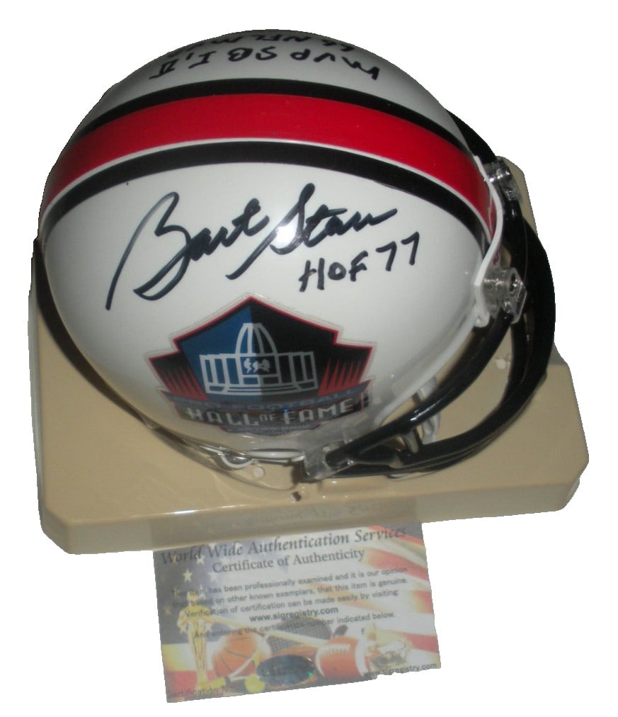 Bart Starr Autographed Packers Mini Helmet With Certificate of Authenticity: Bart Starr Autographed Packers Mini Helmet With Certificate of Authenticity This Green Bay Packers mini helmet is hand-signed by Bart Starr, the team's legendary quarterback and Super Bowl MVP. The it