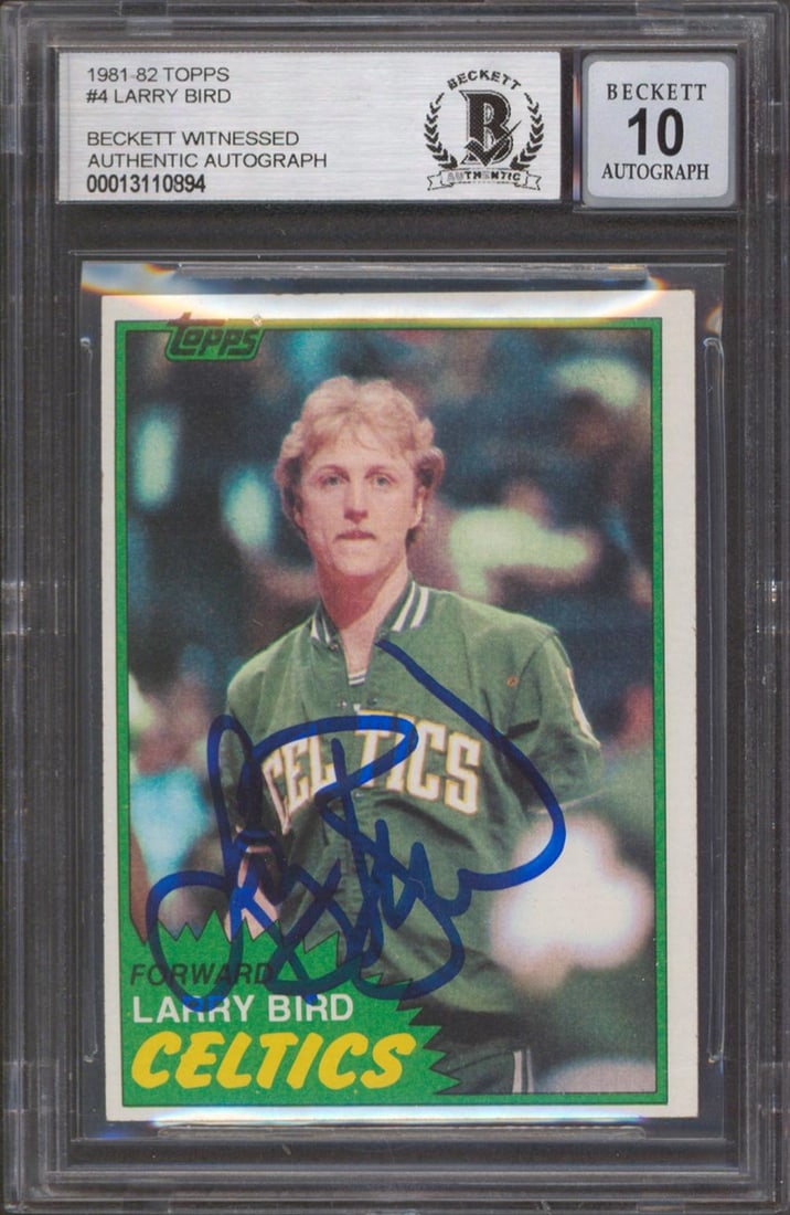 Larry Bird Signed 1981 Topps #4 Card Gem Mint 10 Beckett Slabbed: Larry Bird Signed 1981 Topps #4 Card Gem Mint 10 Beckett Slabbed This exceptional 1981 Topps #4 card, featuring Larry Bird of the Boston Celtics, has been authentically signed and graded as a Gem Mint