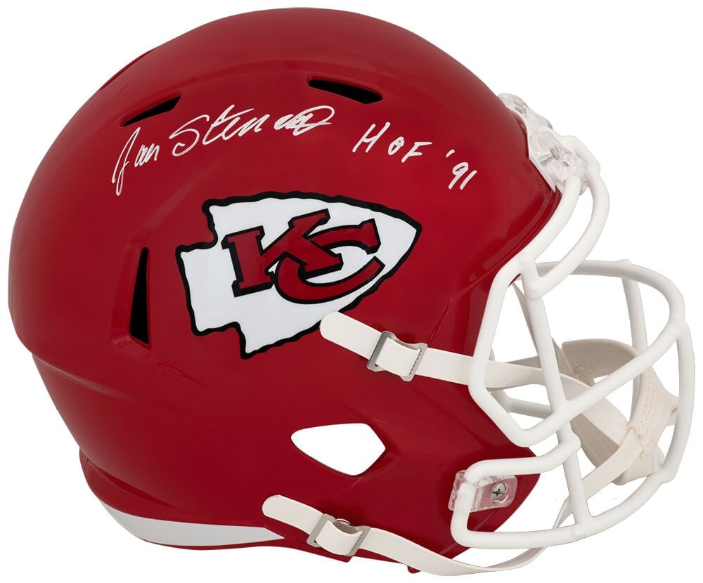 Kansas City Chiefs Riddell full size speed replica helmet signed by Jan Stenerud: Kansas City Chiefs Riddell full size speed replica helmet signed by Jan Stenerud This Kansas City Chiefs Riddell full size speed replica helmet is signed by Hall of Famer Jan Stenerud and features the