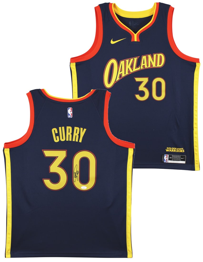 Stephen Curry signed Warriors Nike Swingman jersey JSA authenticated: Stephen Curry signed Warriors Nike Swingman jersey JSA authenticated This navy blue Nike Swingman jersey features an authentic signature from Stephen Curry of the Golden State Warriors. The jersey is 