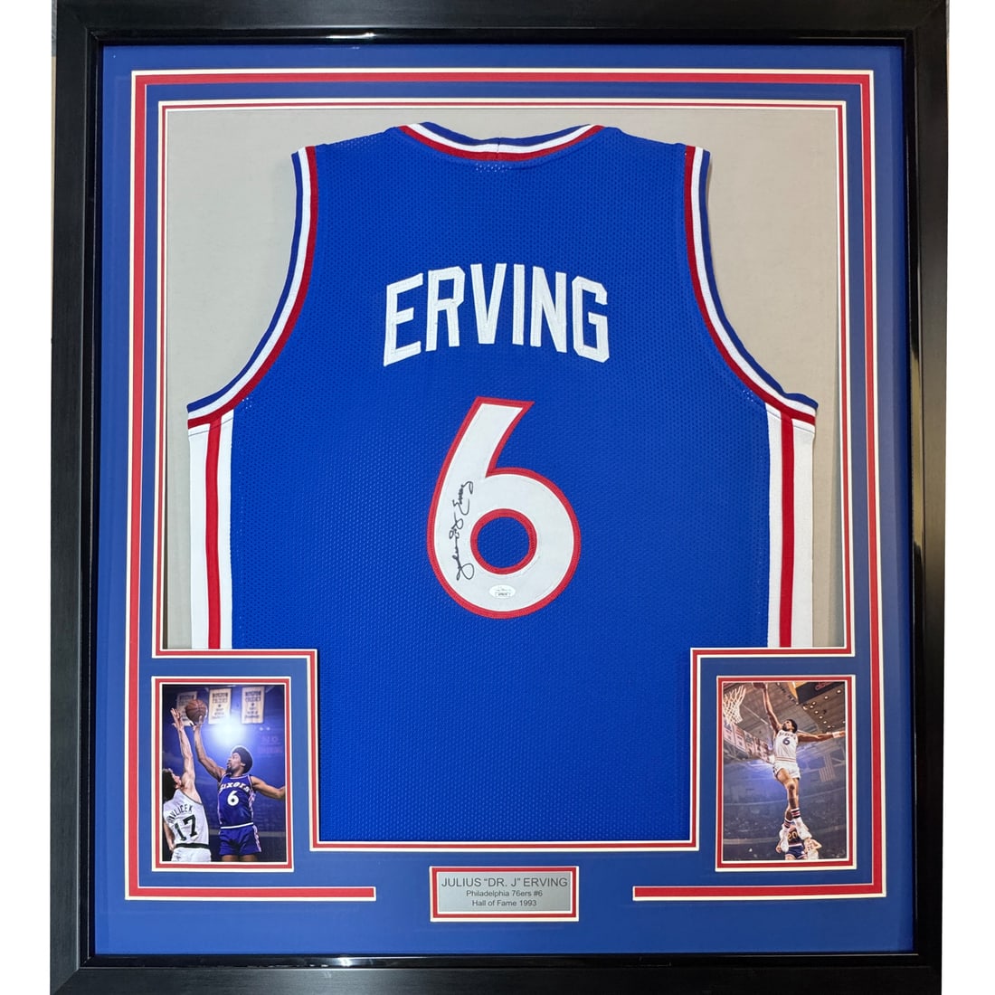 Framed Julius Erving Signed 76ers Jersey with JSA COA 35x39: Framed Julius Erving Signed 76ers Jersey with JSA COA 35x39 Celebrate the legacy of basketball legend Julius Erving with this professionally framed and autographed Philadelphia 76ers jersey. Measuring