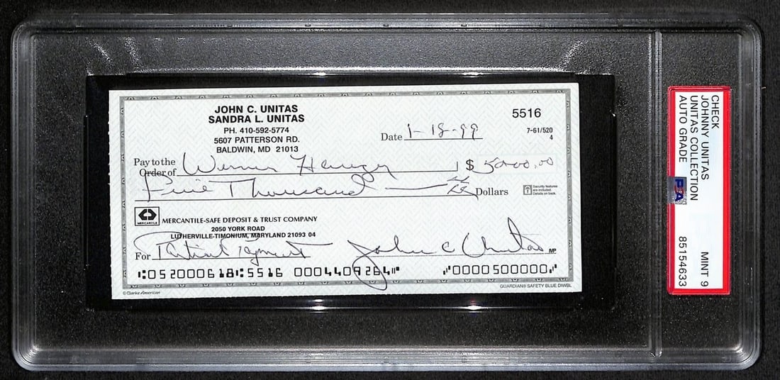 Johnny Unitas Signed Check 1/18/99 PSA/DNA MINT 9 NFL Colts: Johnny Unitas Signed Check 1/18/99 PSA/DNA MINT 9 NFL Colts Offered is a Johnny Unitas signed Baltimore Colts cancelled check dated January 18, 1999. This original check is authenticated by PSA/DNA an