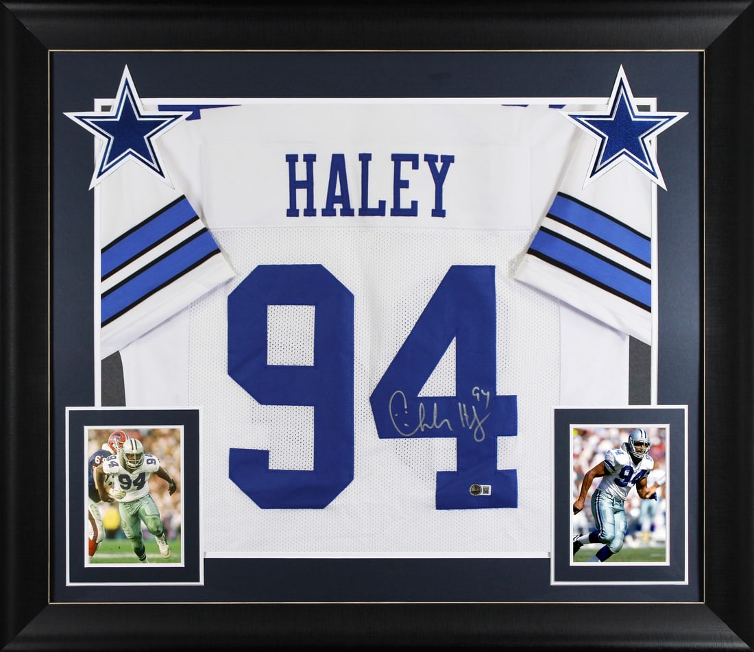 Framed Dallas Cowboys Charles Haley autographed jersey BAS witnessed: Framed Dallas Cowboys Charles Haley autographed jersey BAS witnessed This professionally framed white Pro Style jersey has been personally signed by Charles Haley of the Dallas Cowboys. The autograph 
