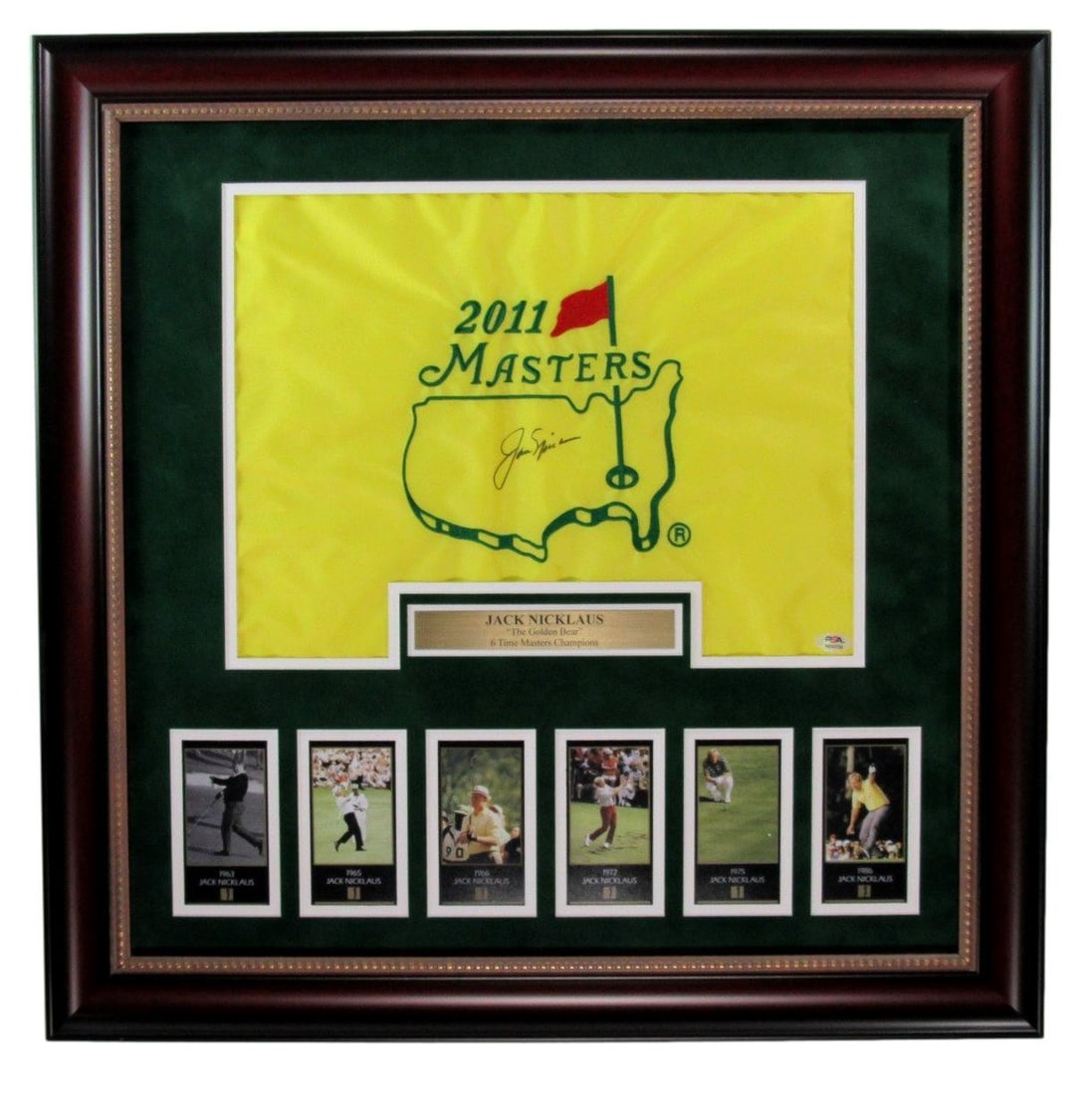 Framed Jack Nicklaus Masters pin flag with card collage PSA DNA: Framed Jack Nicklaus Masters pin flag with card collage PSA DNA This framed display features a Masters pin flag signed by Jack Nicklaus, accompanied by a card collage. The item is authenticated by Pro