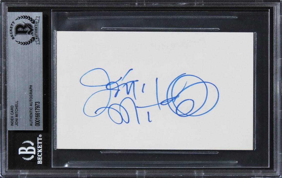Joni Mitchell Signed 3x5 Index Card Blue Signature Beckett Authenticated: Joni Mitchell Signed 3x5 Index Card Blue Signature Beckett Authenticated This authentic 3x5 index card features the signature of renowned musician Joni Mitchell, presented with a striking blue ink. It