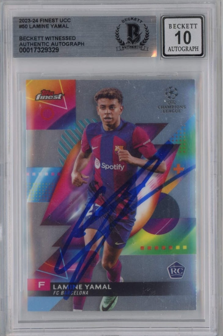 2023-24 Topps Finest Lamine Yamal #50 Rookie Card Beckett BGS Auto 10: 2023-24 Topps Finest Lamine Yamal #50 Rookie Card Beckett BGS Auto 10 This is a 2023-24 Topps Finest UCC Lamine Yamal #50 Rookie Card, featuring the talented player from FC Barcelona. The card has bee
