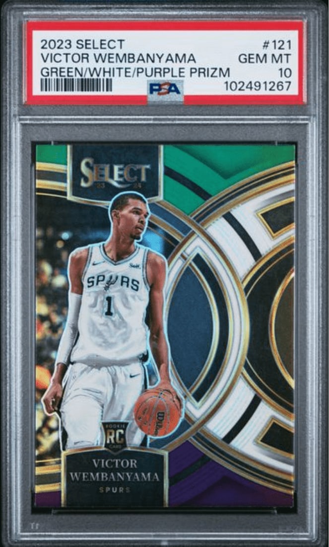 PSA 10 Victor Wembanyama 2023 Panini Select Green Prizm #121 RC: PSA 10 Victor Wembanyama 2023 Panini Select Green Prizm #121 RC This 2023 Panini Select Victor Wembanyama #121 Green/White/Purple Prizm rookie card features the standout NBA player from the San Antoni