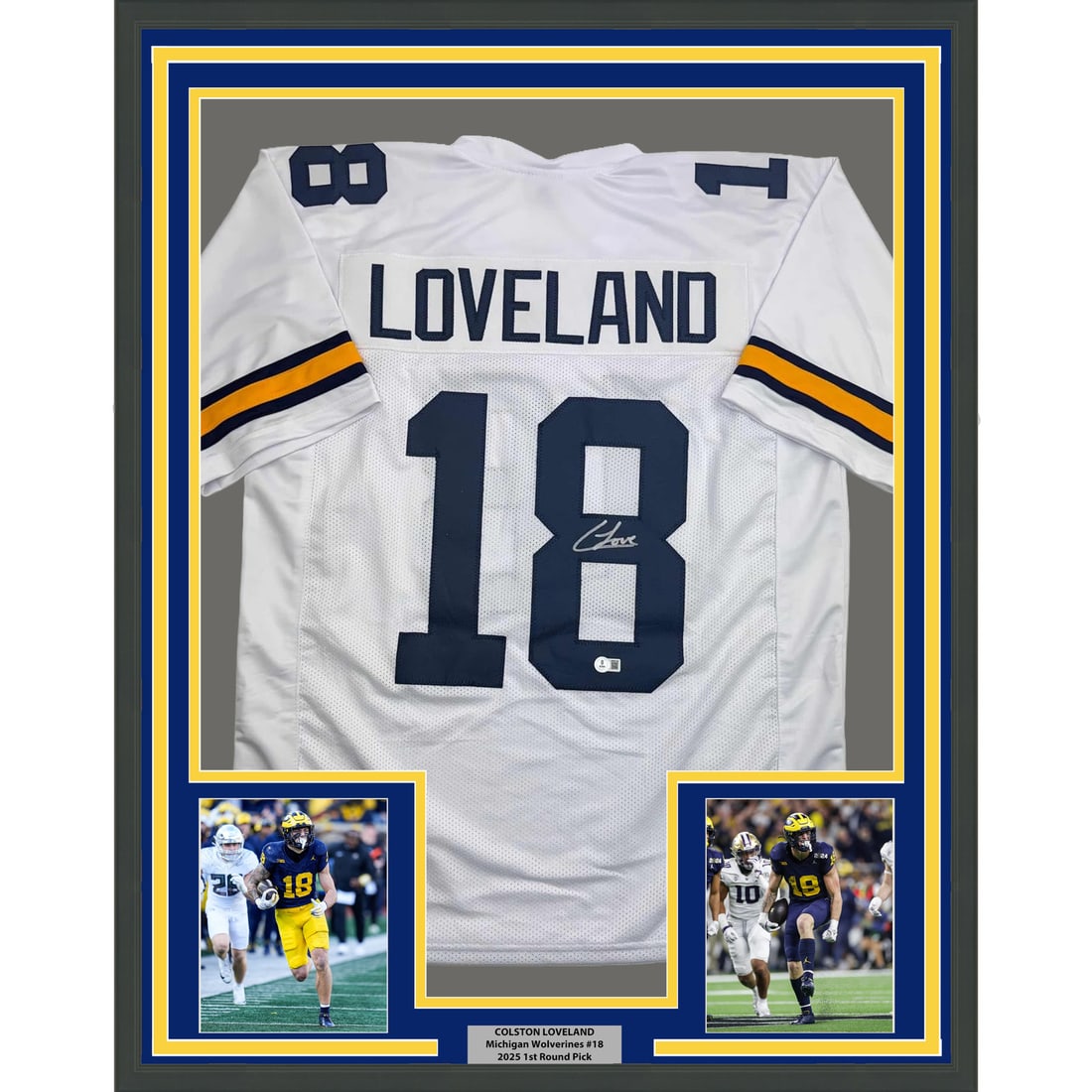 Colston Loveland Signed Michigan Wolverines Framed Jersey BAS COA 35x39: Colston Loveland Signed Michigan Wolverines Framed Jersey BAS COA 35x39 This professionally framed and matted display features a Michigan Wolverines white jersey autographed by Colston Loveland. The j