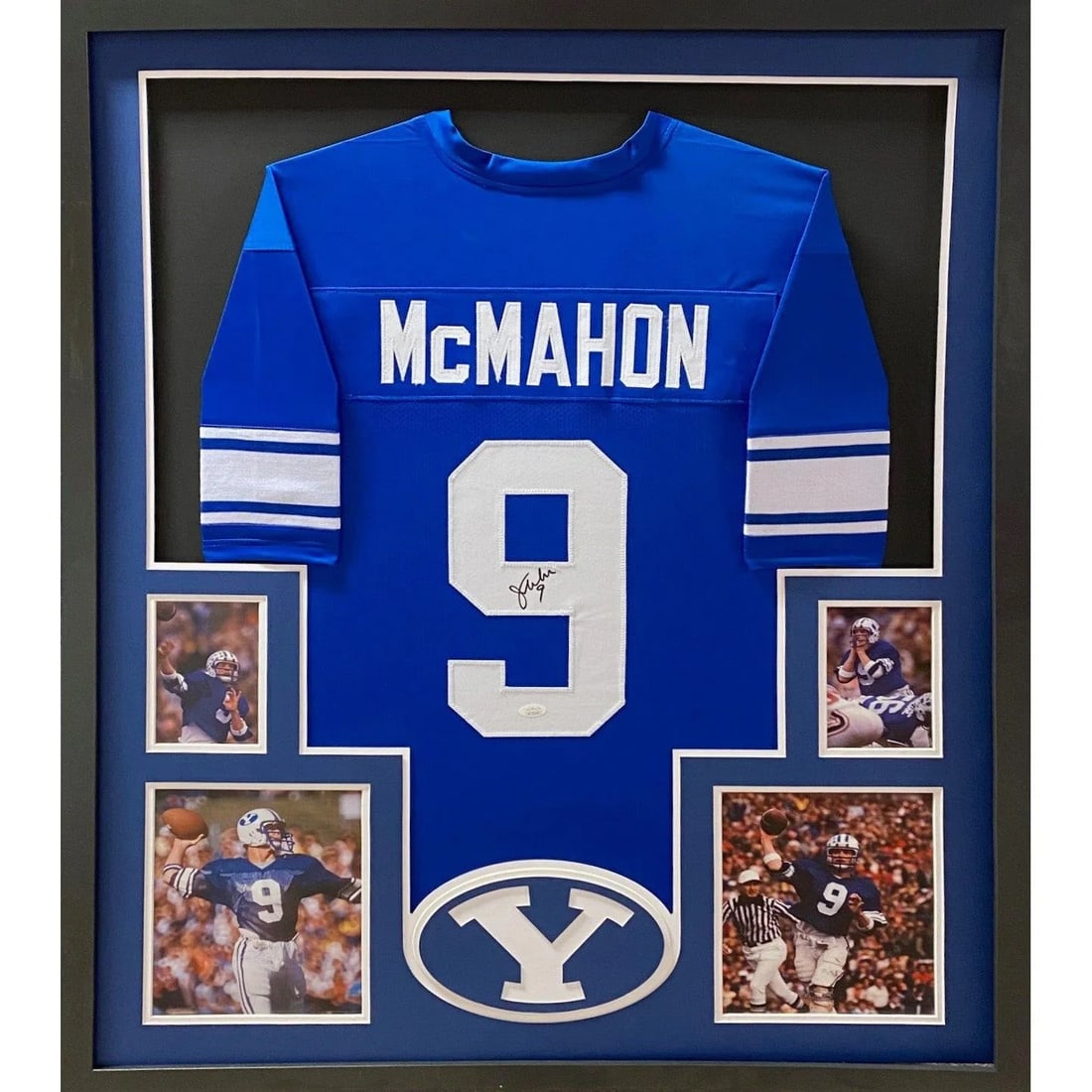 Framed Jim McMahon Autographed BYU Bears Jersey JSA: Framed Jim McMahon Autographed BYU Bears Jersey JSA This is a framed jersey autographed by Jim McMahon, featuring detailed framing and the team logo. The jersey is authenticated by JSA and includes a 