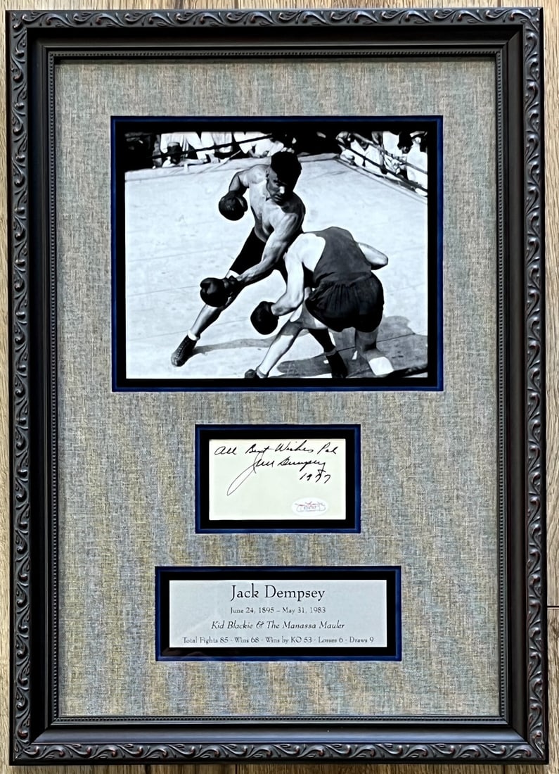 Jack Dempsey Autographed Framed Display with JSA Authentication: Jack Dempsey Autographed Framed Display with JSA Authentication This beautifully framed display features a cut signature of legendary heavyweight boxing champion Jack Dempsey, who inscribed "All Best 
