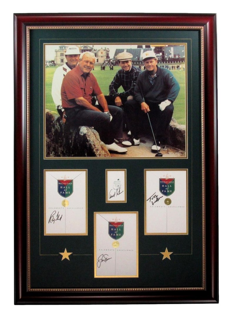 Framed 16x20 Photo Signed by Palmer Nicklaus Floyd Watson British Open PSA Authenticated: Framed 16x20 Photo Signed by Palmer Nicklaus Floyd Watson British Open PSA Authenticated This framed 16x20 photo features authentic signatures from Arnold Palmer, Jack Nicklaus, Ray Floyd, and Tom Wat