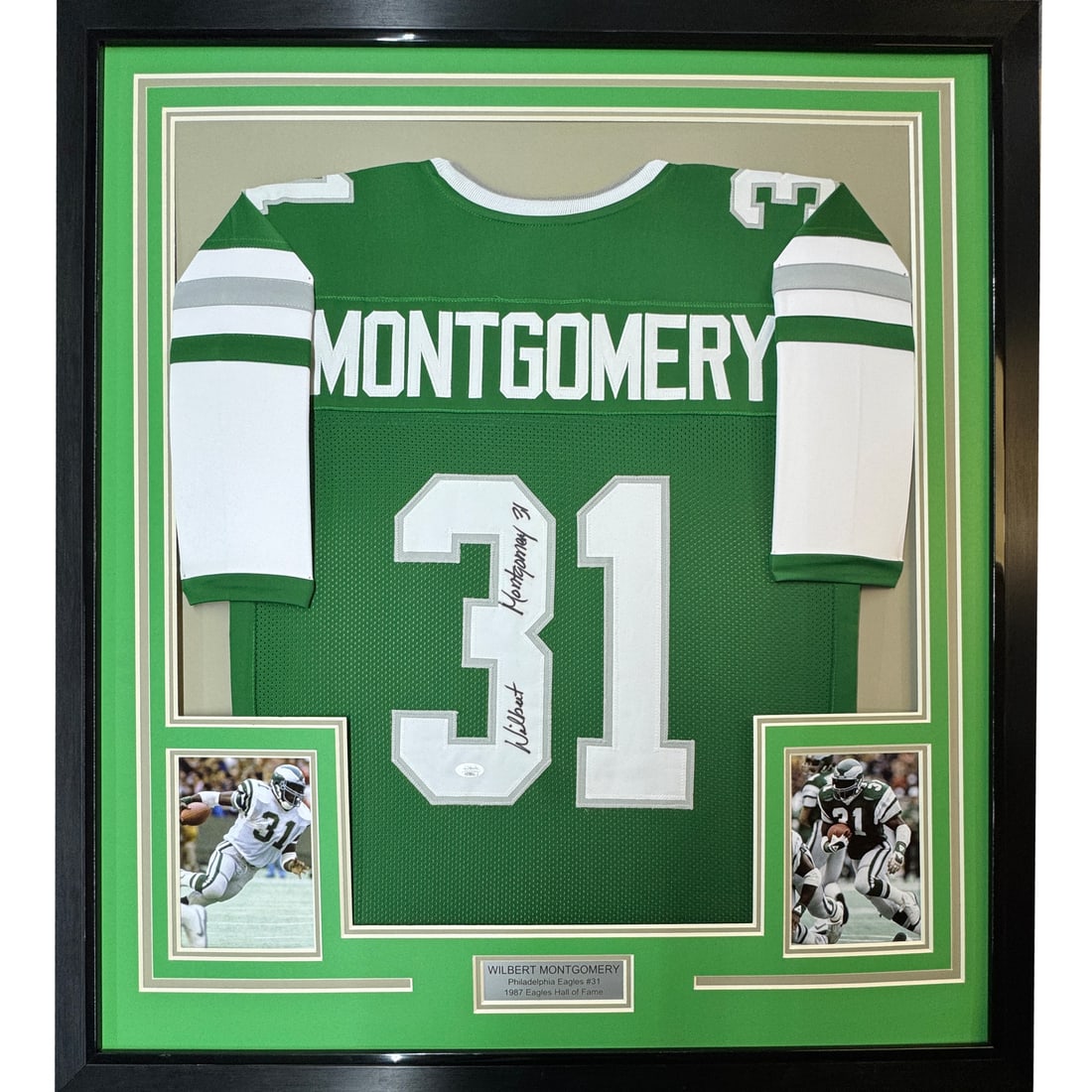 Framed Wilbert Montgomery Eagles Jersey JSA Authenticated 33x42: Framed Wilbert Montgomery Eagles Jersey JSA Authenticated 33x42 This professionally framed and matted Philadelphia Eagles jersey features the authentic signature of Wilbert Montgomery. The jersey is d
