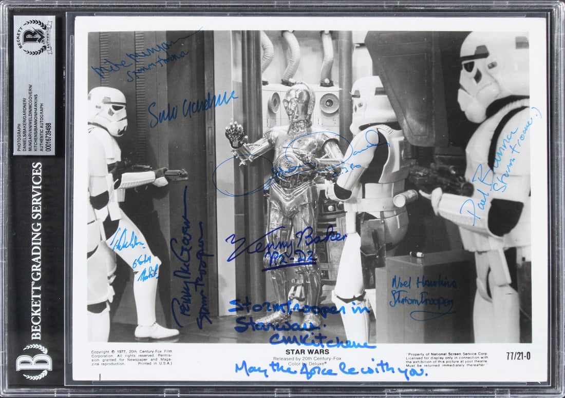 Star Wars Signed 8x10 Photo by 8 Actors BAS Authenticated: Star Wars Signed 8x10 Photo by 8 Actors BAS Authenticated This stunning 8x10 black and white photograph features the autographs of several iconic Star Wars actors, including Kenny Baker, Anthony Danie