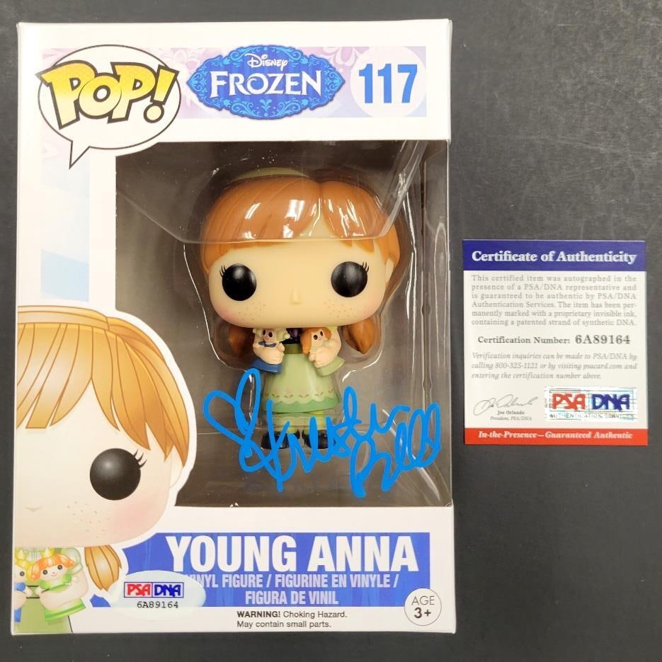 Kristen Bell Signed Funko Pop Young Anna Frozen PSA/DNA COA: Kristen Bell Signed Funko Pop Young Anna Frozen PSA/DNA COA Celebrate the magic of Disney's Frozen with this officially licensed Funko Pop figure of Young Anna, signed by Kristen Bell! This collectibl