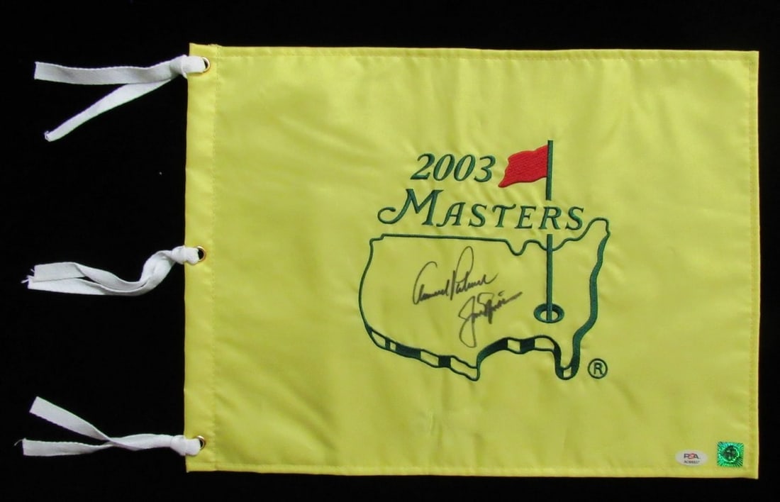 Arnold Palmer Jack Nicklaus Dual-Signed 2003 Masters Flag PSA/DNA: Arnold Palmer Jack Nicklaus Dual-Signed 2003 Masters Flag PSA/DNA Celebrate the legacy of golf with this original 2003 Masters Pin Flag, featuring dual signatures from legends Arnold Palmer and Jack N