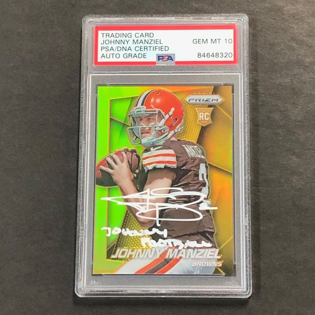 Johnny Manziel 2014 Prizm Gold Rookie Auto PSA DNA 1 of 10: Johnny Manziel 2014 Prizm Gold Rookie Auto PSA DNA 1 of 10 This is a 2014 Panini Prizm Gold #287 rookie card featuring Johnny Manziel. The card is signed and inscribed with "Johnny Football" by Johnny