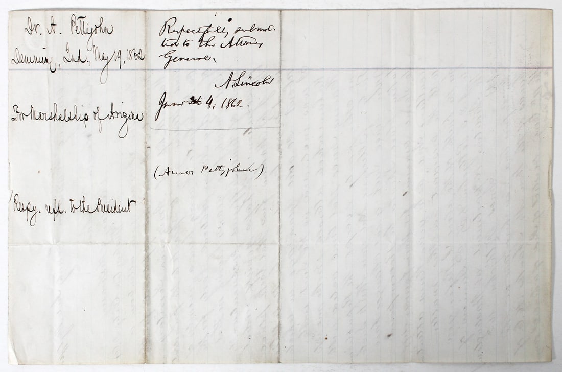 Beckett Authenticated Abraham Lincoln Signed 7.5x11.5 Letter: Beckett Authenticated Abraham Lincoln Signed 7.5x11.5 Letter This is an original 7.5 x 11.5 inch letter personally signed by Abraham Lincoln, featuring the inscription "Respectfully submitted to the A