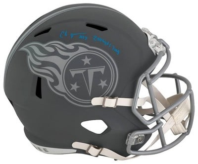 Chris Johnson autographed Titans slate speed replica helmet with inscription: Chris Johnson autographed Titans slate speed replica helmet with inscription This Tennessee Titans Slate Riddell full size speed replica helmet is signed by Chris Johnson and features the '2006 Yds 20
