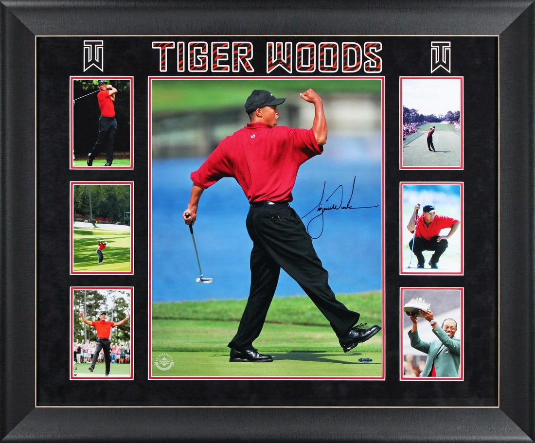 Tiger Woods Signed 16x20 Framed Fist Pump Photo UDA Certified: Tiger Woods Signed 16x20 Framed Fist Pump Photo UDA Certified Celebrate the legacy of Tiger Woods with this authentic signed 16x20 vertical fist pump photo. This stunning piece captures one of the mos