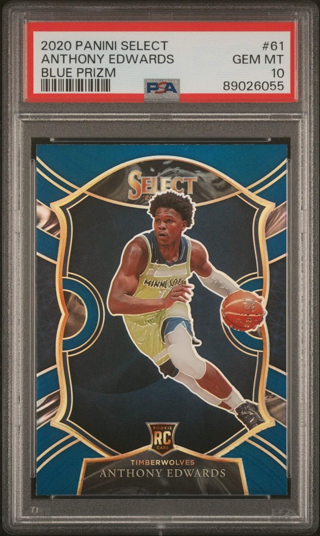 2020 Panini Select Anthony Edwards #61 Blue Prizm PSA 10 Graded Card: 2020 Panini Select Anthony Edwards #61 Blue Prizm PSA 10 Graded Card This is a graded 2020 Panini Select Anthony Edwards #61 Blue Prizm Basketball Card, rated PSA 10, ensuring its top-tier condition a