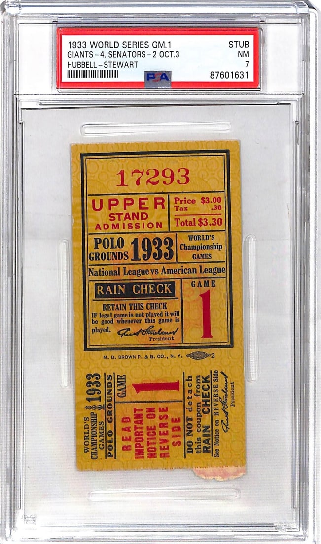 1933 World Series Game 1 Ticket Senators vs Giants PSA 7 Vintage: 1933 World Series Game 1 Ticket Senators vs Giants PSA 7 Vintage This is a vintage 1933 World Series Game 1 ticket featuring the match between the Washington Senators and the New York Giants. Graded P