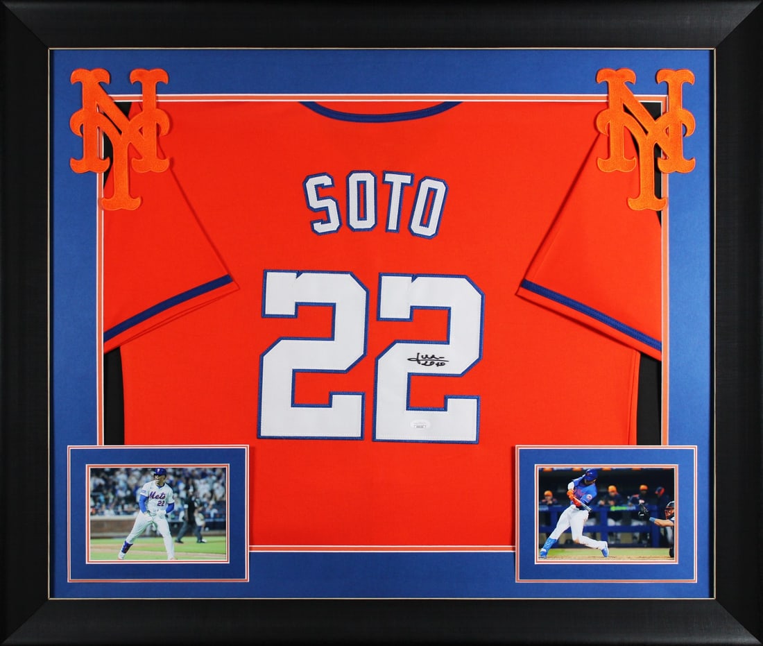 Framed Juan Soto Signed Orange Pro Style Jersey JSA COA New York Mets: Framed Juan Soto Signed Orange Pro Style Jersey JSA COA New York Mets This professionally framed orange pro style jersey has been personally signed by Juan Soto of the New York Mets. Authenticated by 