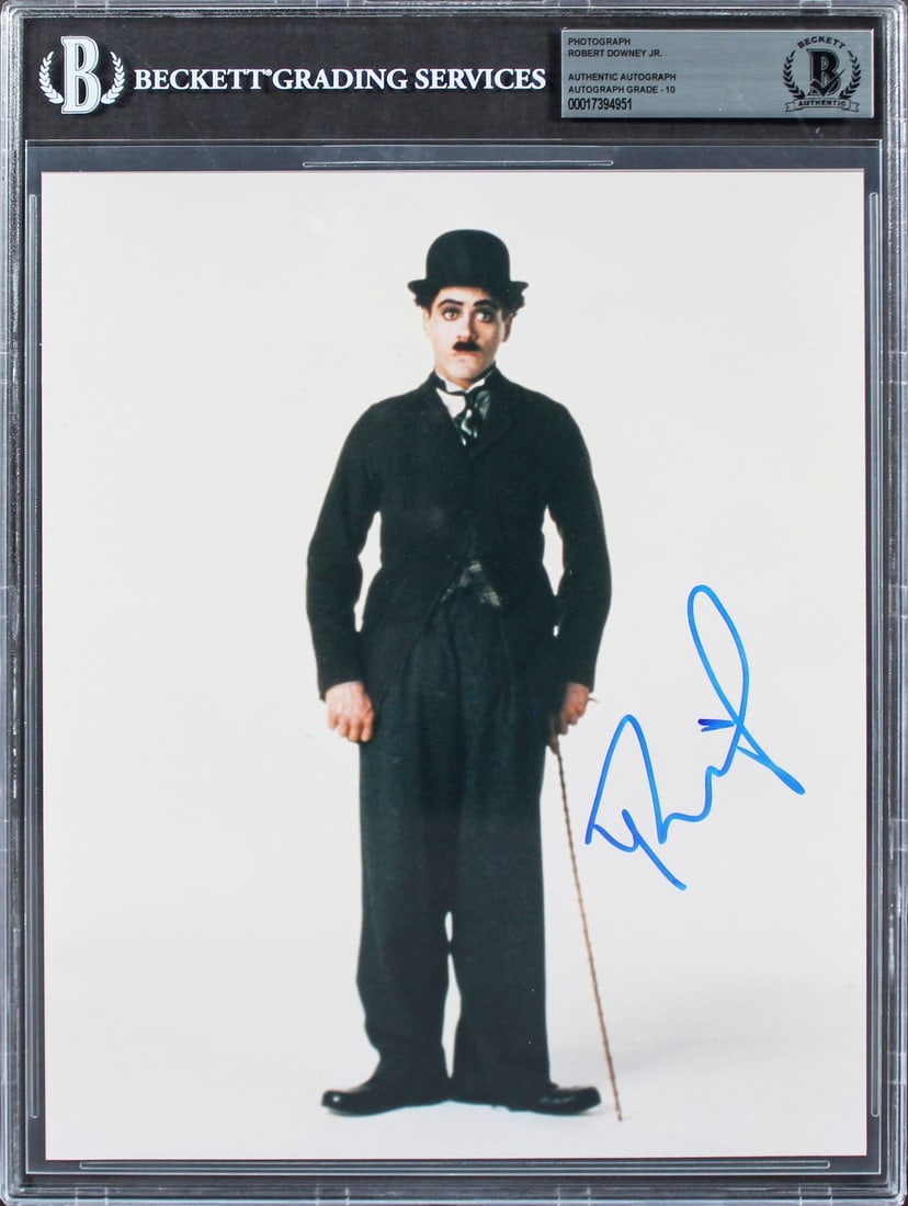 Robert Downey Jr. Signed 8x10 Chaplin Photo Graded Gem Mint 10 Beckett: Robert Downey Jr. Signed 8x10 Chaplin Photo Graded Gem Mint 10 Beckett This authentic 8x10 photograph features a signature from Robert Downey Jr., known for his iconic role as Charlie Chaplin. Graded 