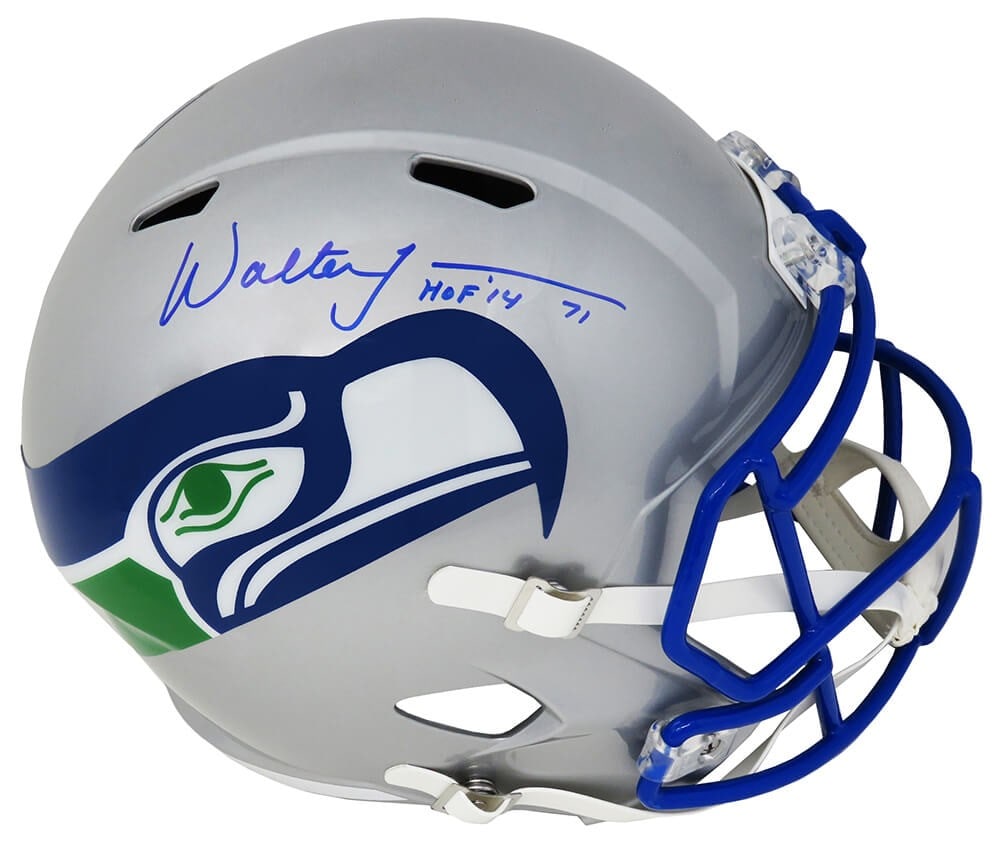 Walter Jones Signed Seahawks Riddell F/S Speed Helmet HOF Inscribed SS COA: Walter Jones Signed Seahawks Riddell F/S Speed Helmet HOF Inscribed SS COA This is a full-size speed replica helmet of the Seattle Seahawks, signed by legendary player Walter Jones. The helmet feature