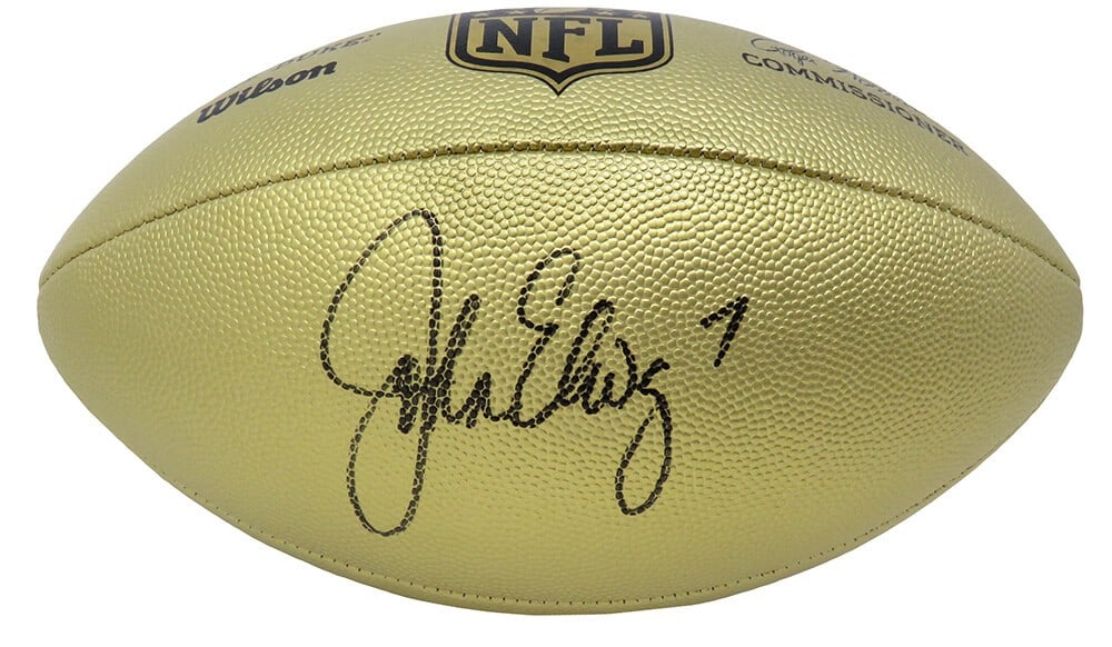 John Elway Signed Wilson Duke NFL Full Size Football with COA: John Elway Signed Wilson Duke NFL Full Size Football with COA This impressive John Elway signed Wilson Duke gold metallic NFL full-size replica football is a must-have for any Denver Broncos fan and f