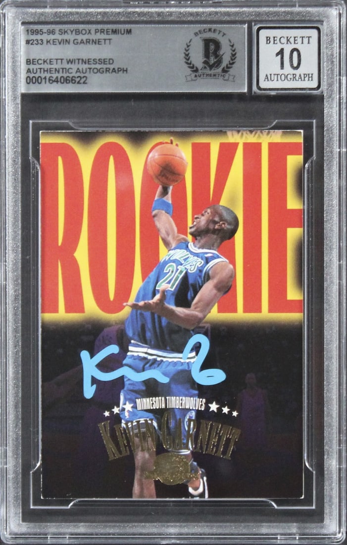 Kevin Garnett 1995 Skybox Premium Rookie Card Signed Gem Mint 10 Beckett Slab: Kevin Garnett 1995 Skybox Premium Rookie Card Signed Gem Mint 10 Beckett Slab This 1995 Skybox Premium #233 rookie card features Kevin Garnett of the Minnesota Timberwolves and has been personally sig