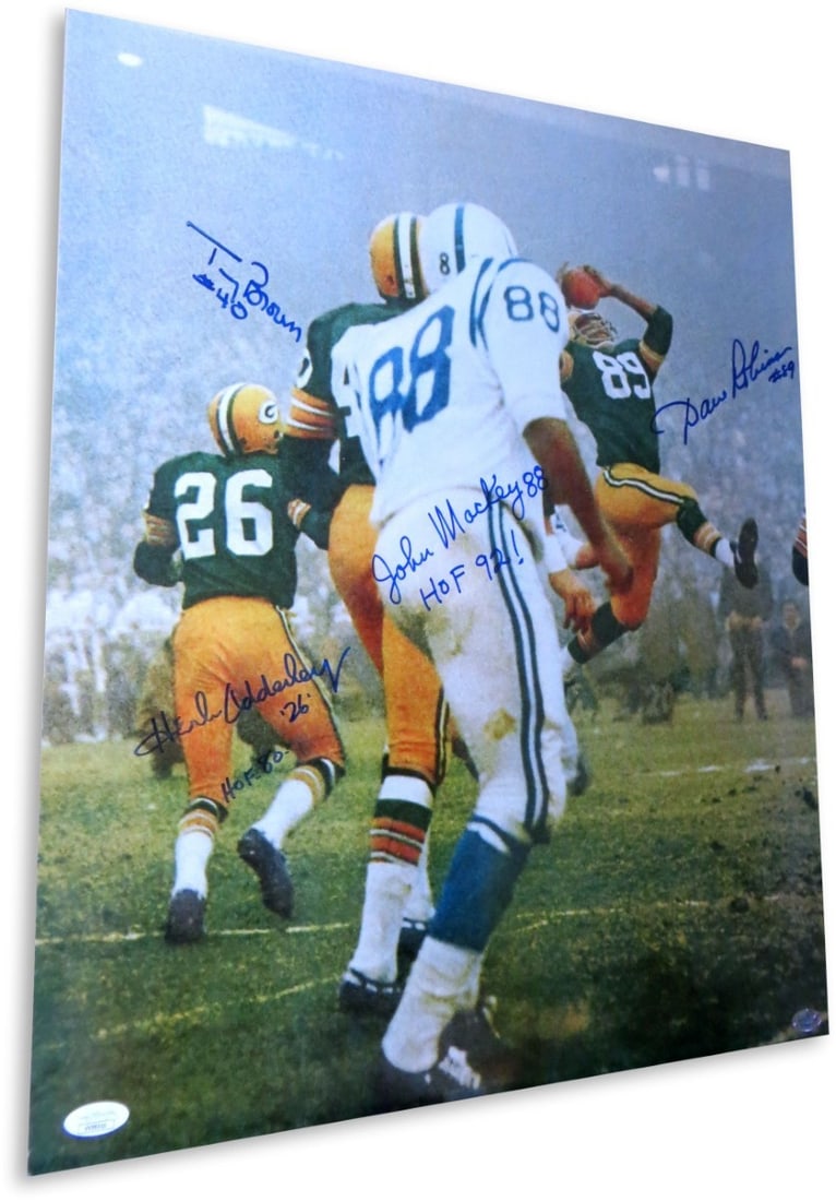 Green Bay Packers Signed 16X20 Photo JSA Authenticated: Green Bay Packers Signed 16X20 Photo JSA Authenticated This 16x20 photo features authentic autographs from John Mackey, Dave Robinson, Herb Adderley, and Tom Brown. The photo commemorates their associ
