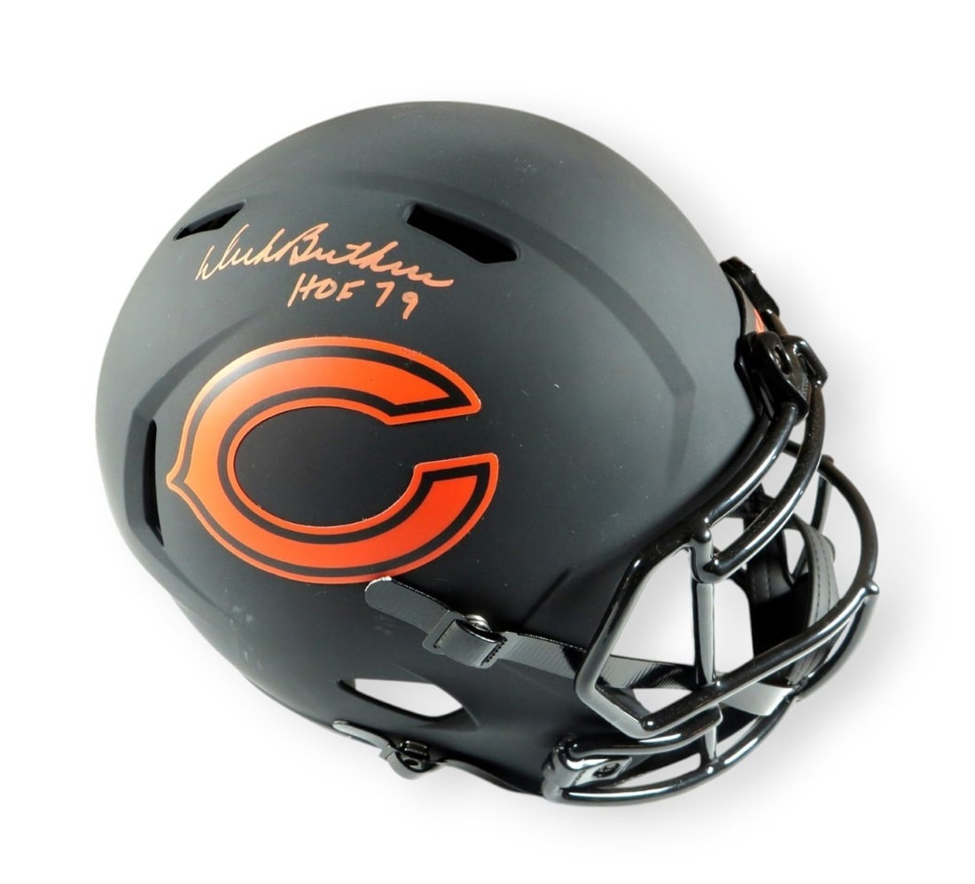 Dick Butkus Autographed Chicago Bears Full Size Replica Helmet Beckett Certified: Dick Butkus Autographed Chicago Bears Full Size Replica Helmet Beckett Certified Celebrate the legacy of Chicago Bears legend Dick Butkus with this autographed full-size replica helmet. This helmet is