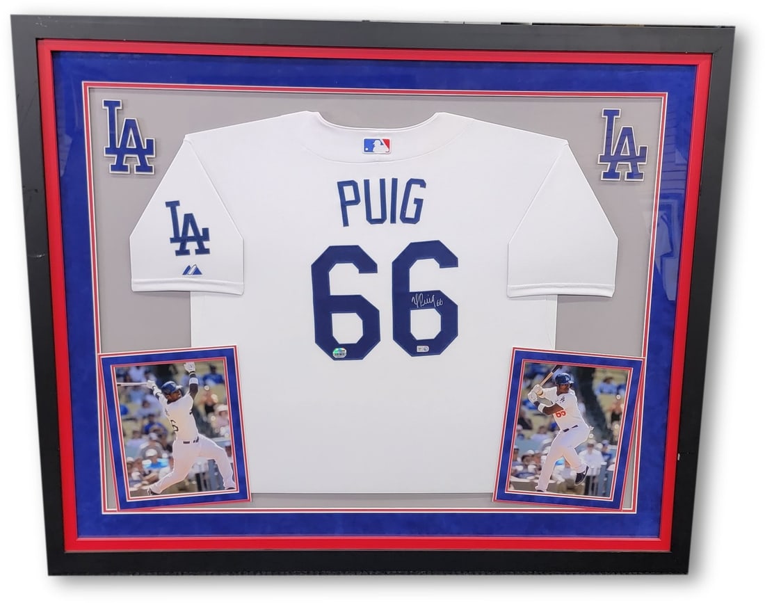 Framed Yasiel Puig signed Dodgers jersey with 2 photos MLB Authentic: Framed Yasiel Puig signed Dodgers jersey with 2 photos MLB Authentic This custom-framed Los Angeles Dodgers jersey features the authentic signature of Yasiel Puig. The display includes two unsigned ph