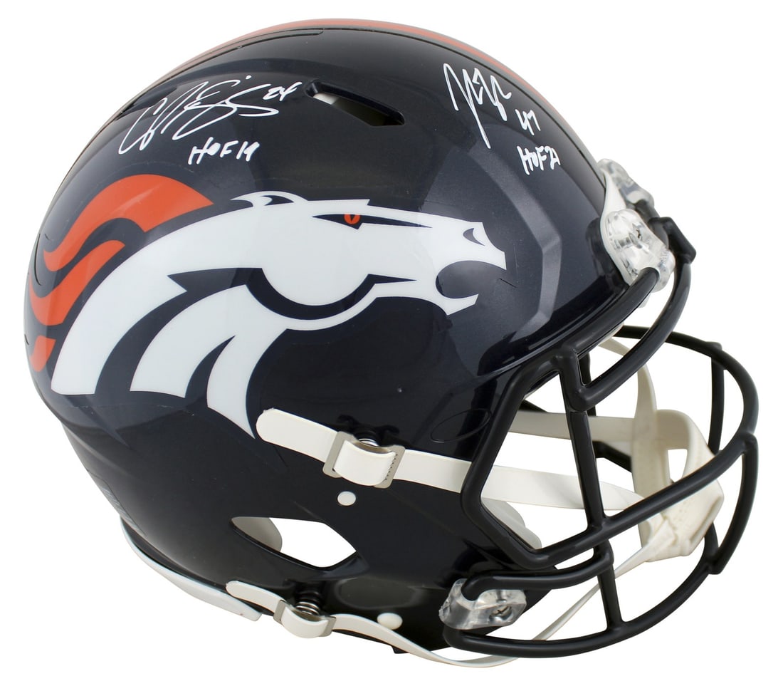 Denver Broncos Helmet Signed by John Lynch and Champ Bailey With Beckett Authentication: Denver Broncos Helmet Signed by John Lynch and Champ Bailey With Beckett Authentication This authentic full-size Speed Proline helmet features the signatures of John Lynch and Champ Bailey, both Hall 