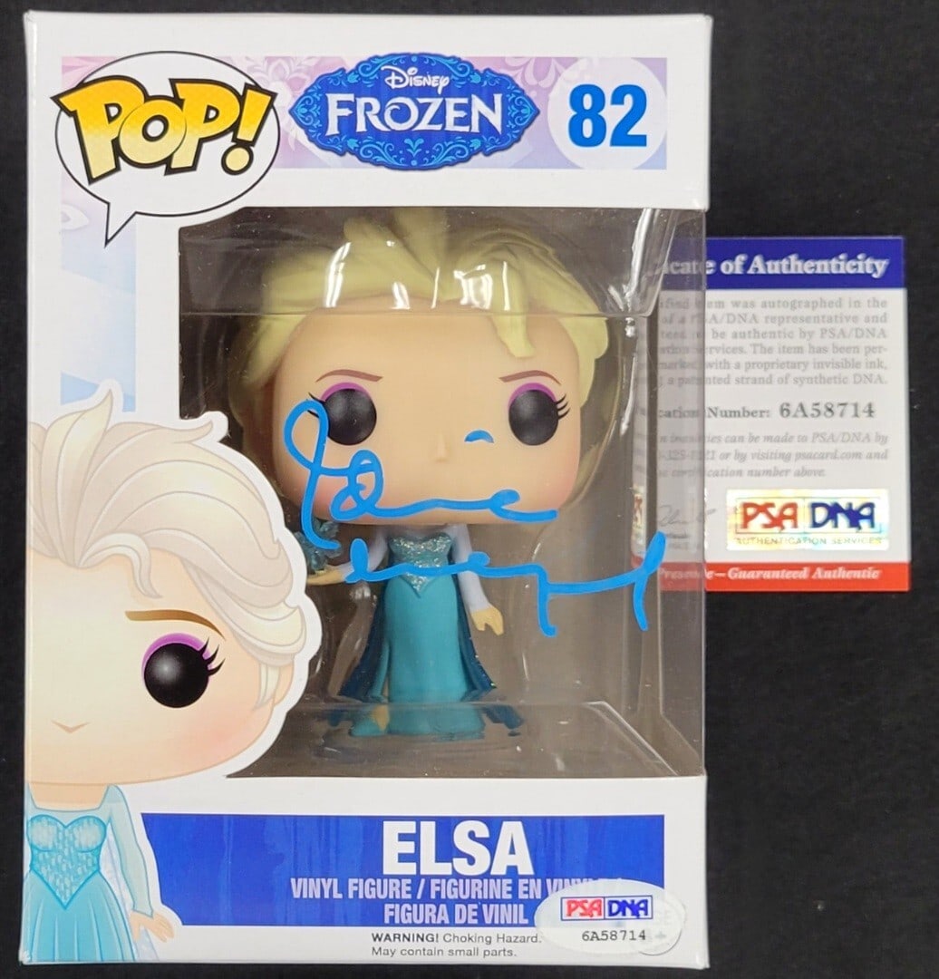 Elsa Frozen Funko Pop Signed by Idina Menzel with PSA/DNA Authentication: Elsa Frozen Funko Pop Signed by Idina Menzel with PSA/DNA Authentication This is an original Disney Frozen Elsa Funko Pop! figure that has been hand-signed by Idina Menzel. The autograph is authentica